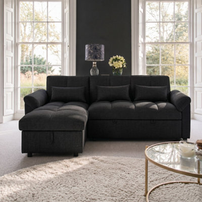 Sofaya Arlo Sofa Bed Plain Black Linen Universal Convertible L Shape Corner Chaise Sofa With Storage - image 1