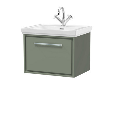 Balterley Longnor Modern Bathroom Wall Hung Single Drawer Vanity Unit With Fireclay Basin, Fern Green, 600mm - image 1