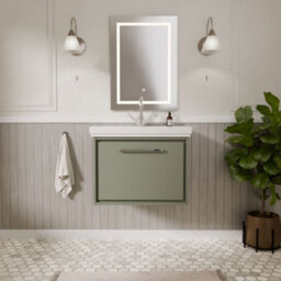Balterley Longnor Modern Bathroom Wall Hung Single Drawer Vanity Unit With Fireclay Basin, Fern Green, 600mm - thumbnail 2
