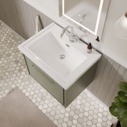 Balterley Longnor Modern Bathroom Wall Hung Single Drawer Vanity Unit With Fireclay Basin, Fern Green, 600mm - thumbnail 3