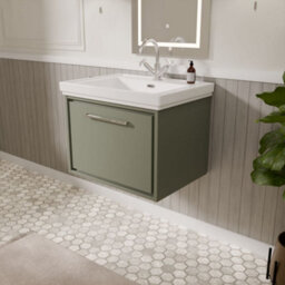 Balterley Longnor Modern Bathroom Wall Hung Single Drawer Vanity Unit With Fireclay Basin, Fern Green, 600mm - thumbnail 4