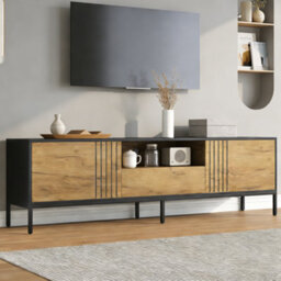 Btm Tv Stand 170 X 35 X 50 Cm For Up To 70 Inch Tv, Tv Cabinet With 2 Cupboards And 1 Drawer, Oak And Black - thumbnail 3