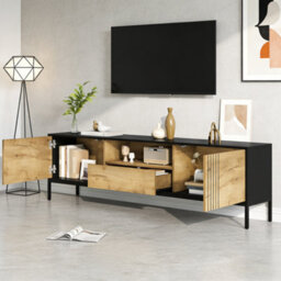 Btm Tv Stand 170 X 35 X 50 Cm For Up To 70 Inch Tv, Tv Cabinet With 2 Cupboards And 1 Drawer, Oak And Black - thumbnail 5