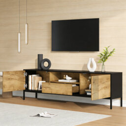 Btm Tv Stand 170 X 35 X 50 Cm For Up To 70 Inch Tv, Tv Cabinet With 2 Cupboards And 1 Drawer, Oak And Black - thumbnail 4