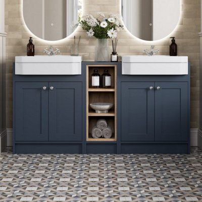 Affine 1540mm Traditional Double Vanity Basin Unit & Shelving Bathroom Furniture Blue - image 1