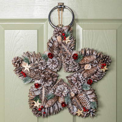 Samuel Alexander 35Cm Frosted Hanging Christmas Star Wreath With Red Jingle Bells & Wooden Stars - image 1