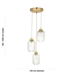 First Choice Lighting Lena - Ribbed Glass & Brushed Gold 3 Light Pendant - thumbnail 7