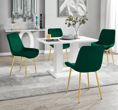 Furniturebox Uk 4 Seater Dining Set - Imperia White High Gloss Dining Table And Chairs - 4 Green Pesaro Gold Leg Chairs - image 1