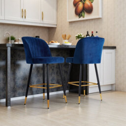 Living And Home Set Of 2 Blue Upholstered Bar Stools With Backrest - thumbnail 1