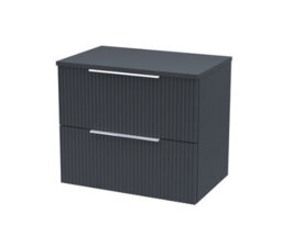 Hudson Reed Fluted Wall Hung 2-Drawer Vanity Unit & Black Laminate Worktop, Sleek Counter Top Vanity Unit In Soft Black, 600mm