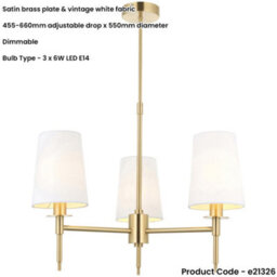 Loops Multi Arm Hanging Ceiling Pendant Light - Satin Brass Plate & Vintage White Fabric Shade - 3 X 6W Led E14 - thumbnail 2