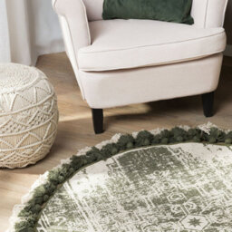 Beliani 120Cm Cream Cotton Round Vintage Area Rug With Distressed Green Oriental Print - thumbnail 2