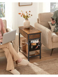 Vasagle Slim Side Table With Charging Station, Narrow Bedside Table With Storage, End Table With Usb Ports, Outlets