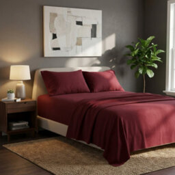 Soft Plain Brushed Cotton Fitted Flat Sheet Matching Pillowcases Set Red