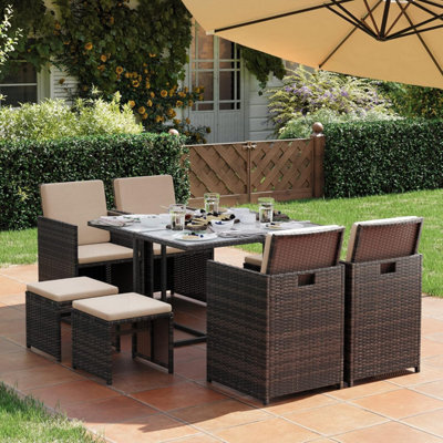 Songmics 9-Piece Pe Rattan Outdoor Furniture Set, Cushioned Dining Chairs With Glass Top Table, Space-Saving, Brown And Beige - image 1
