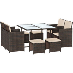Songmics 9-Piece Pe Rattan Outdoor Furniture Set, Cushioned Dining Chairs With Glass Top Table, Space-Saving, Brown And Beige - thumbnail 8