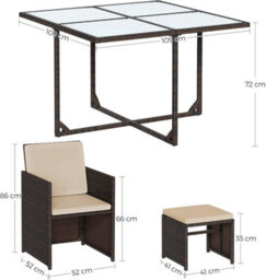 Songmics 9-Piece Pe Rattan Outdoor Furniture Set, Cushioned Dining Chairs With Glass Top Table, Space-Saving, Brown And Beige - thumbnail 2