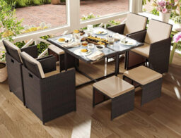Songmics 9-Piece Pe Rattan Outdoor Furniture Set, Cushioned Dining Chairs With Glass Top Table, Space-Saving, Brown And Beige - thumbnail 3