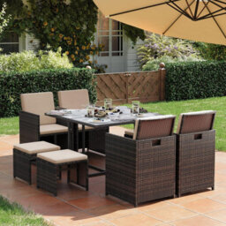9-Piece Pe Rattan Outdoor Furniture Set, Cushioned Dining Chairs With Glass Top Table, Space-Saving, Brown And Beige