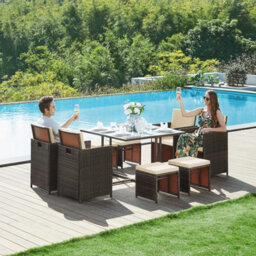 Songmics 9-Piece Pe Rattan Outdoor Furniture Set, Cushioned Dining Chairs With Glass Top Table, Space-Saving, Brown And Beige - thumbnail 4