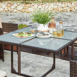 Songmics 9-Piece Pe Rattan Outdoor Furniture Set, Cushioned Dining Chairs With Glass Top Table, Space-Saving, Brown And Beige - thumbnail 5
