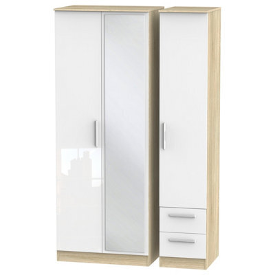 Trent Tall Triple Mirror Side Drawer Wardrobe In White Gloss & Bardolino Oak (Ready Assembled)
