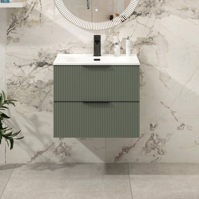 Royal Bathrooms Evora 700mm Sage Green Fluted Wall Hung Bathroom Vanity Unit 2 Drawer With Ceramic Basin & Matt Black Handles - image 1