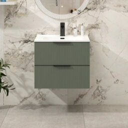 Royal Bathrooms Evora 700mm Sage Green Fluted Wall Hung Bathroom Vanity Unit 2 Drawer With Ceramic Basin & Matt Black Handles