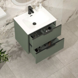 Royal Bathrooms Evora 700mm Sage Green Fluted Wall Hung Bathroom Vanity Unit 2 Drawer With Ceramic Basin & Matt Black Handles - thumbnail 4