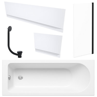 FNX Bathrooms White 1700 X 700 mm Single-Ended Bath With Waterproof Panel Set & Straight Black-Frame Bath Screen - image 1