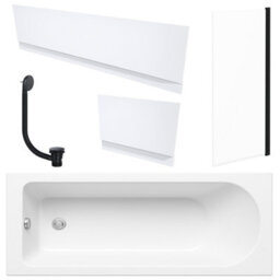 FNX Bathrooms White 1700 X 700 mm Single-Ended Bath With Waterproof Panel Set & Straight Black-Frame Bath Screen - thumbnail 1