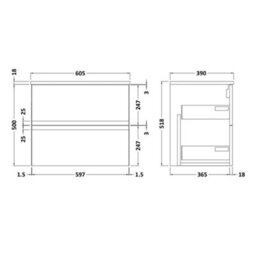 Hudson Reed Urban Satin Blue Wall Hung 2 Drawer Vanity Unit And Worktop With Silent Close, 518 X 605 X 390 - thumbnail 2