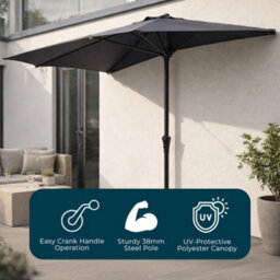 Jack Stonehouse Jsh 2.7M Halfround Parasol Sunshade In Dark Grey 160Gsm Uv Resistant Polyester Balcony Umbrella With Air Vent & Crank Half - thumbnail 2