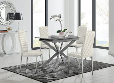 Furniturebox Uk Lira 100Cm Grey Metal Extending Dining Table & 4 Cream Velvet Milan Chairs - image 1
