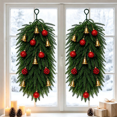 CLEFFNS 2Pcs Christmas Teardrop Swags 65Cm Artificial Norfolk Pine Greenery With Red Bells, Hanging Door Swags For Christmas Front Door - image 1