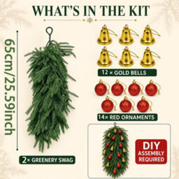 CLEFFNS 2Pcs Christmas Teardrop Swags 65Cm Artificial Norfolk Pine Greenery With Red Bells, Hanging Door Swags For Christmas Front Door - thumbnail 7