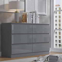 Fwstyle Stora Grey Gloss 6 Drawer Chest (H) 77Cm (W) 110Cm (D) 40Cm - Extra Deep 14Cm Drawers