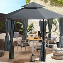 Beliani Hexagonal Garden Gazebo 350 X 350 Cm - Dark Grey Polyester Curtains, Black Powder-Coated Steel Frame, 270 Cm Height - thumbnail 1