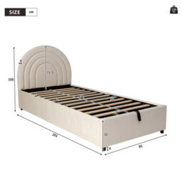 Modernluxe 3Ft Single Bed, 90X190 Cm, Ottoman Bed, Children's Bed, With Slatted Frame And Headboard, Wooden Slats, Velvet, Beige - thumbnail 4