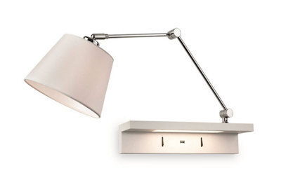 Luminosa Lighting Luminosa Rex 1 Light Indoor Wall Light Light, Shelf & Usb Port Chrome, Cream Shade And White Shelf, E27
