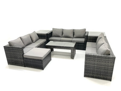 Fimous Outdoor Garden Furniture Set 10 Seater Rattan Sofa Set With Coffee Table Big Footstool 2 Side Tables Dark Grey Mixed - image 1
