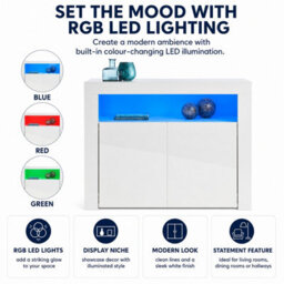 MMT Funiture Designs Modern Sideboard White Matt Gloss Buffet Plate Storage Cabinet With Blue Led Lights- Length 90Cm X Depth 35Cm X Height 83Cm - thumbnail 7