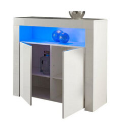 MMT Funiture Designs Modern Sideboard White Matt Gloss Buffet Plate Storage Cabinet With Blue Led Lights- Length 90Cm X Depth 35Cm X Height 83Cm