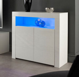 MMT Funiture Designs Modern Sideboard White Matt Gloss Buffet Plate Storage Cabinet With Blue Led Lights- Length 90Cm X Depth 35Cm X Height 83Cm - thumbnail 2