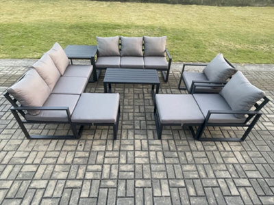 Fimous Aluminium Outdoor Garden Furniture Lounge Sofa 2 Pc Chairs Coffee Table Sets With Side Table 2 Big Footstool Dark Grey - image 1
