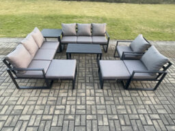 Fimous Aluminium Outdoor Garden Furniture Lounge Sofa 2 Pc Chairs Coffee Table Sets With Side Table 2 Big Footstool Dark Grey - thumbnail 1