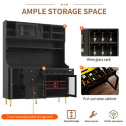 Btm Highboard 145X39X171Cm With Led And Wine Rack, Adjustable Shelves, Freestanding Cabinet, Black - thumbnail 9
