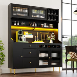 Btm Highboard 145X39X171Cm With Led And Wine Rack, Adjustable Shelves, Freestanding Cabinet, Black - thumbnail 2