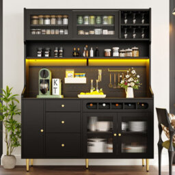 Btm Highboard 145X39X171Cm With Led And Wine Rack, Adjustable Shelves, Freestanding Cabinet, Black - thumbnail 3