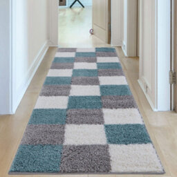 The Rugs Duck Egg Blue Grey And Ivory Soft Checkerboard Design Fluffy Shaggy Rugs And Runners High Pile Living Room Kitchen Hallway 381 - thumbnail 6